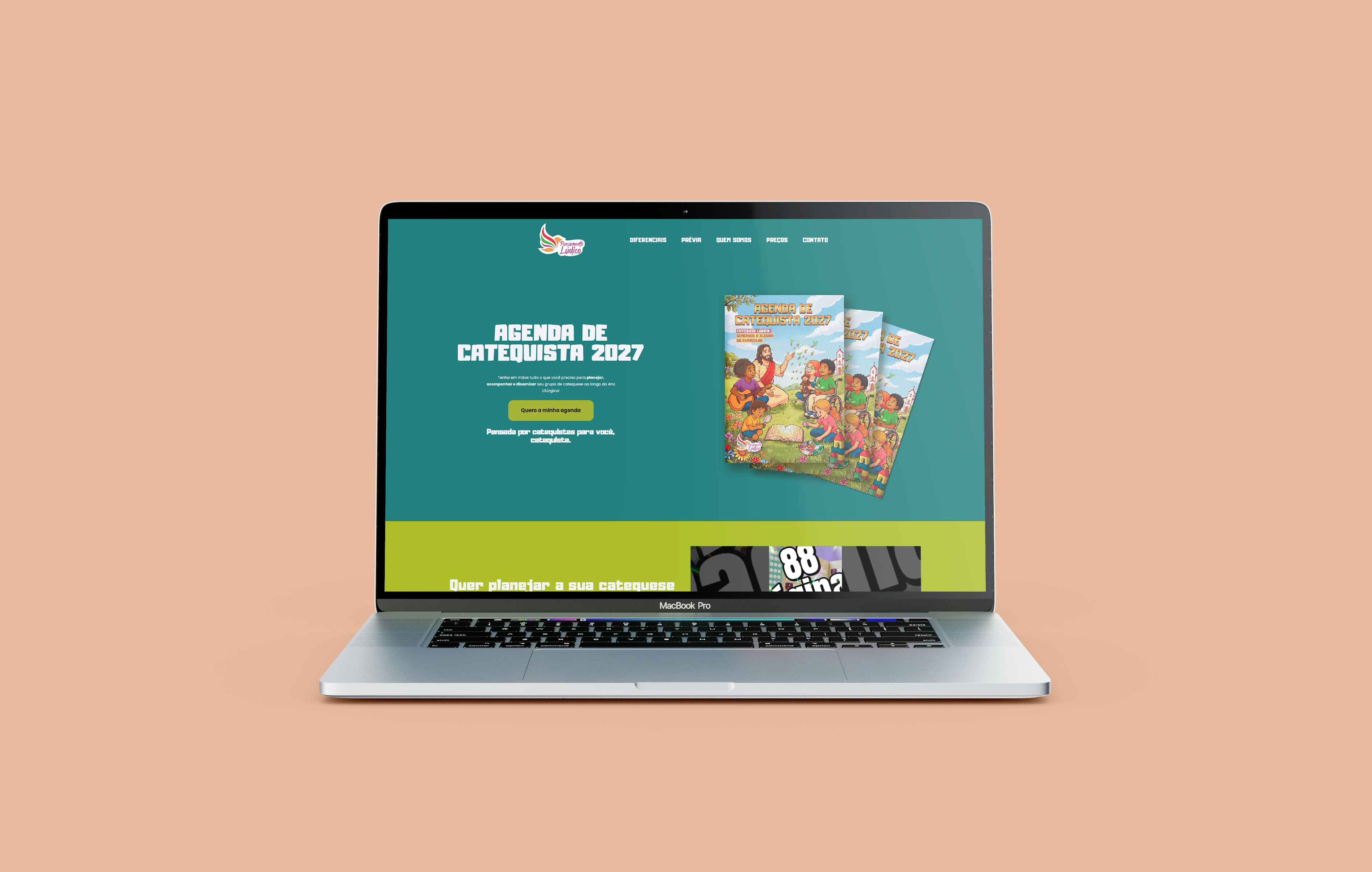Design de landing page para a Agenda do Catequista 2027, mostrando o topo do site com chamada para compra