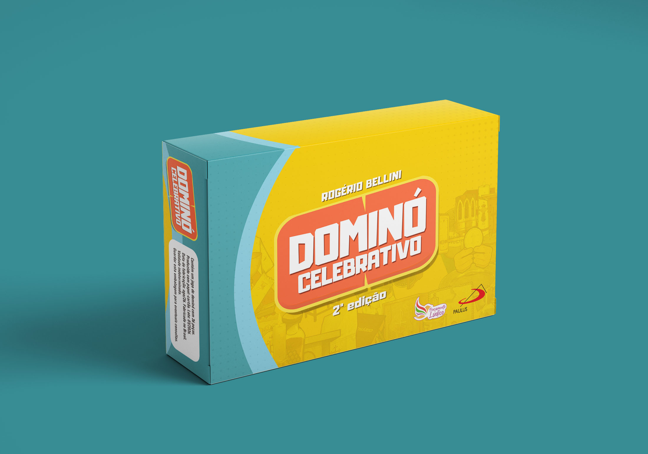 Caixa do Dominó Celebrativo 2ª edição em perspectiva — design de embalagem da Eixo Criativo Studio