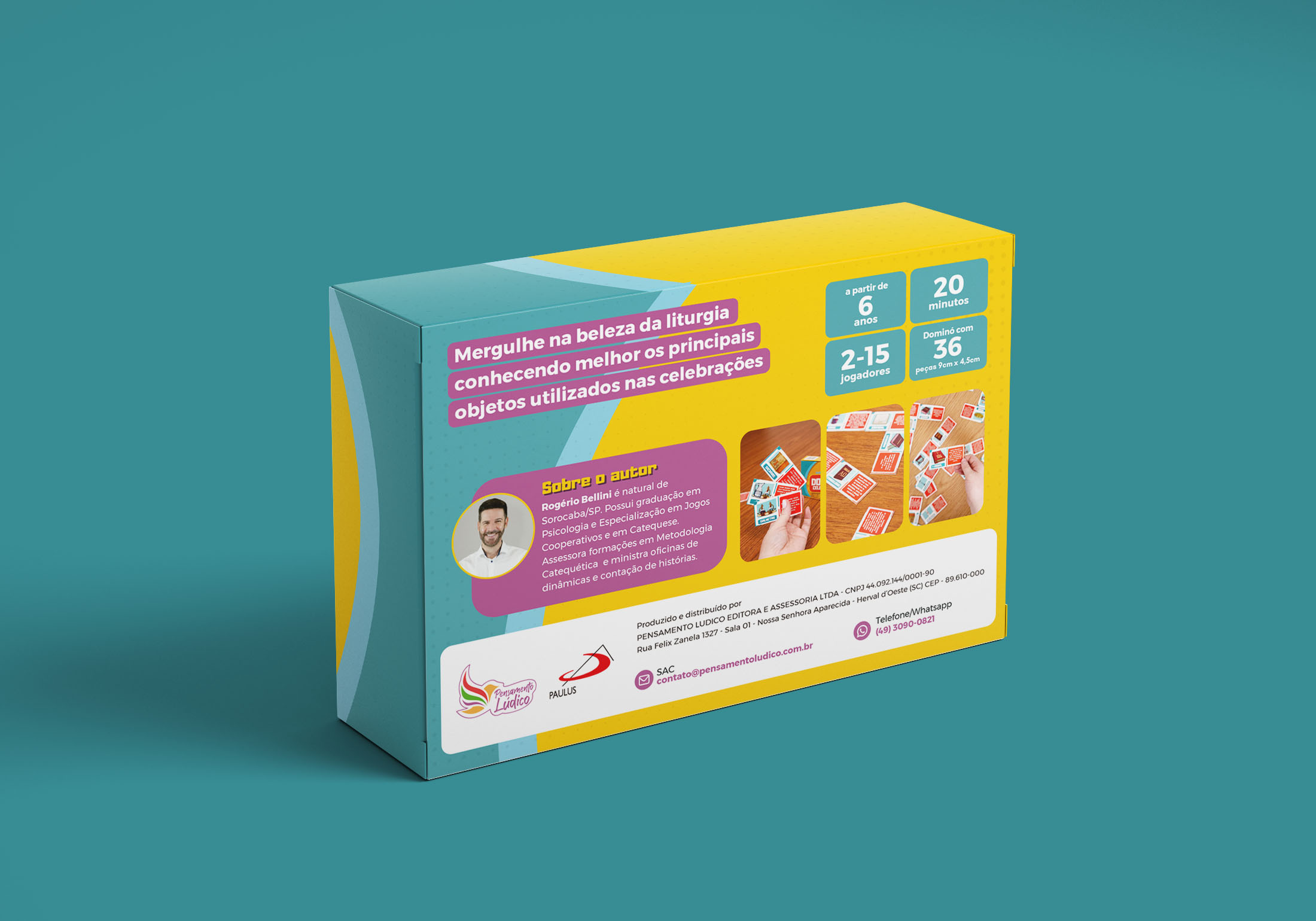 Verso da caixa do Dominó Celebrativo com dados do jogo, design da Eixo Criativo Studio para a Pensamento Lúdico