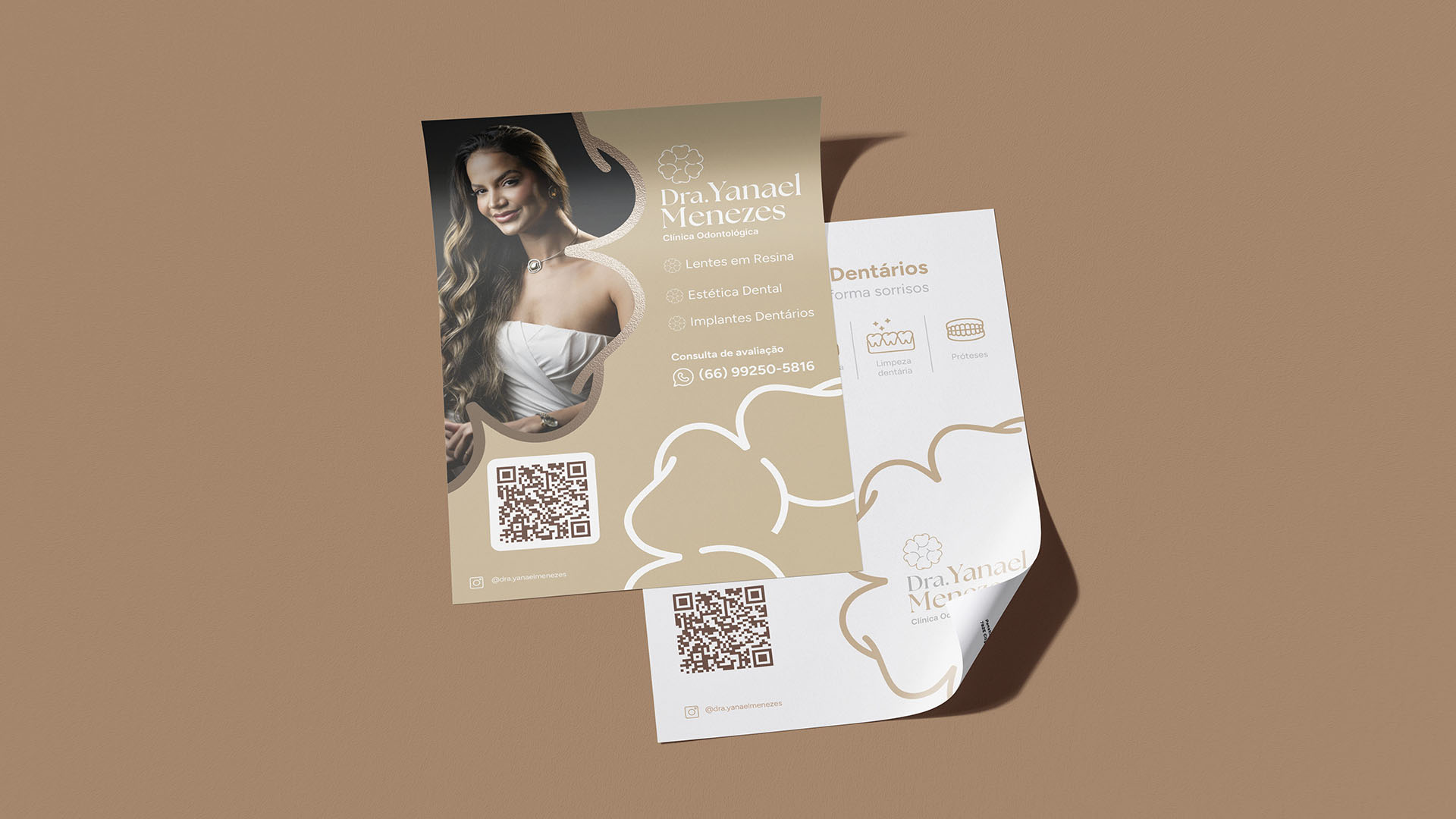 Flyer e da Clínica Dra. Yanael Menezes, com QR code e serviços odontológicos